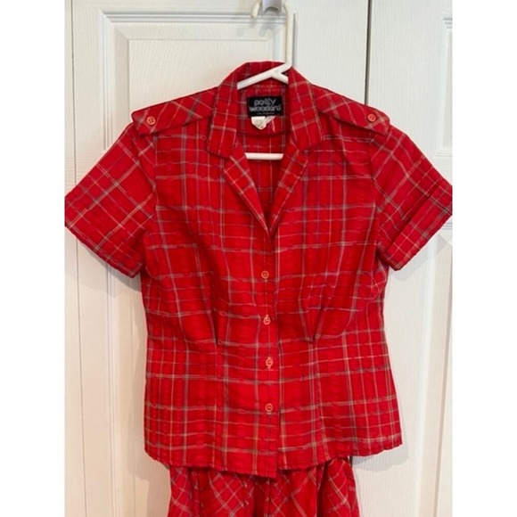 Vintage 80s Patty Woodward Red Plaid Skirt Set Button Up Short Sleeve - Picture 4 of 7